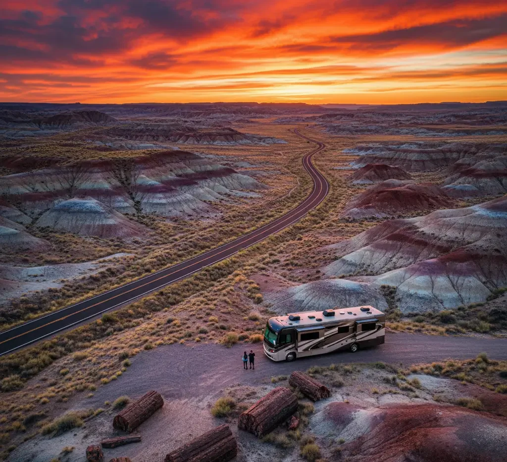A motorhome is parked beside a winding road in a desert landscape with layered hills at sunset; three people stand nearby, looking at the scenery.