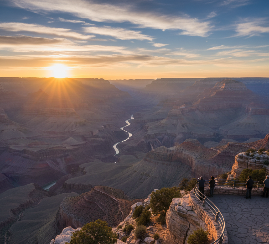 People stand at a viewpoint overlooking the Grand Canyon at sunset, with the sun low on the horizon and the Colorado River visible below.