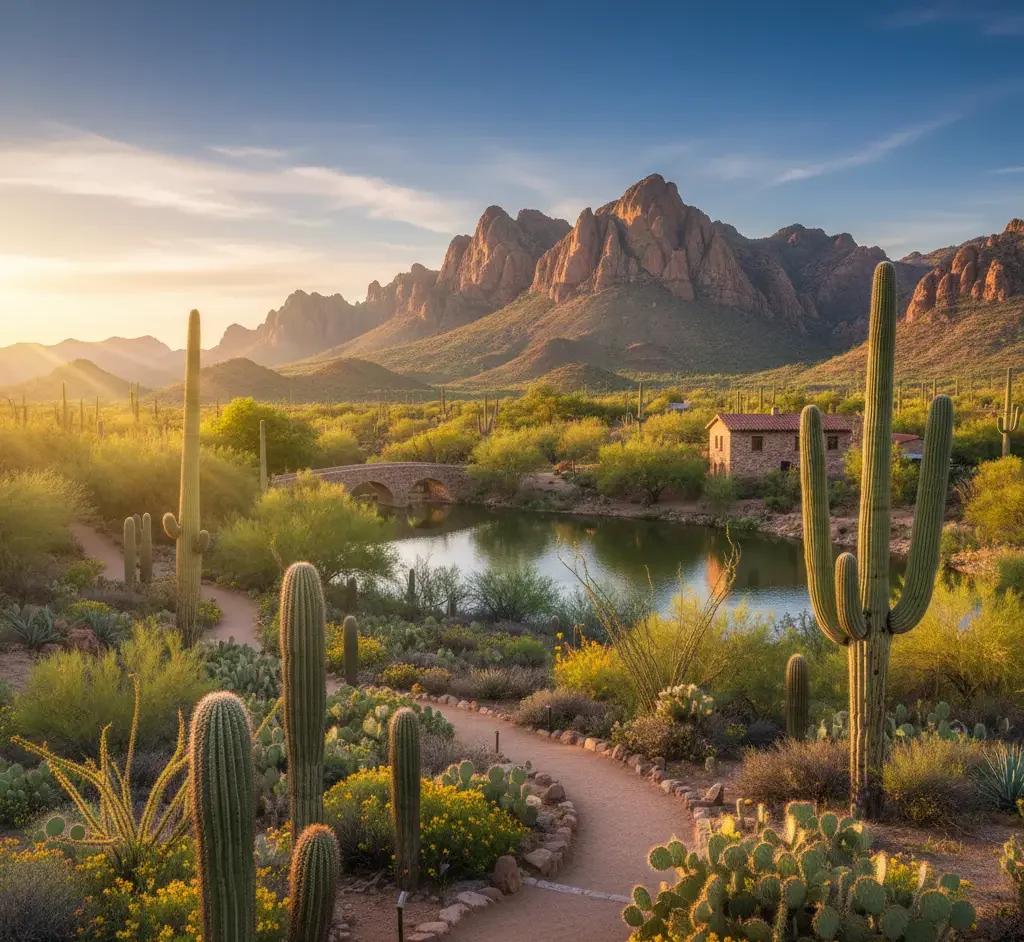 A desert landscape with tall cacti, a dirt path, a small lake, a stone bridge, and mountains in the background under a clear sky at sunset.