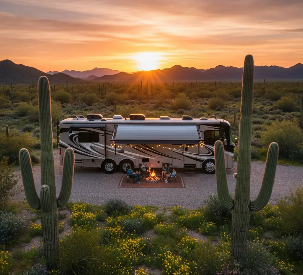 A large RV is parked on a gravel area in the desert at sunset, with people sitting around a campfire, surrounded by cacti and mountains in the background.