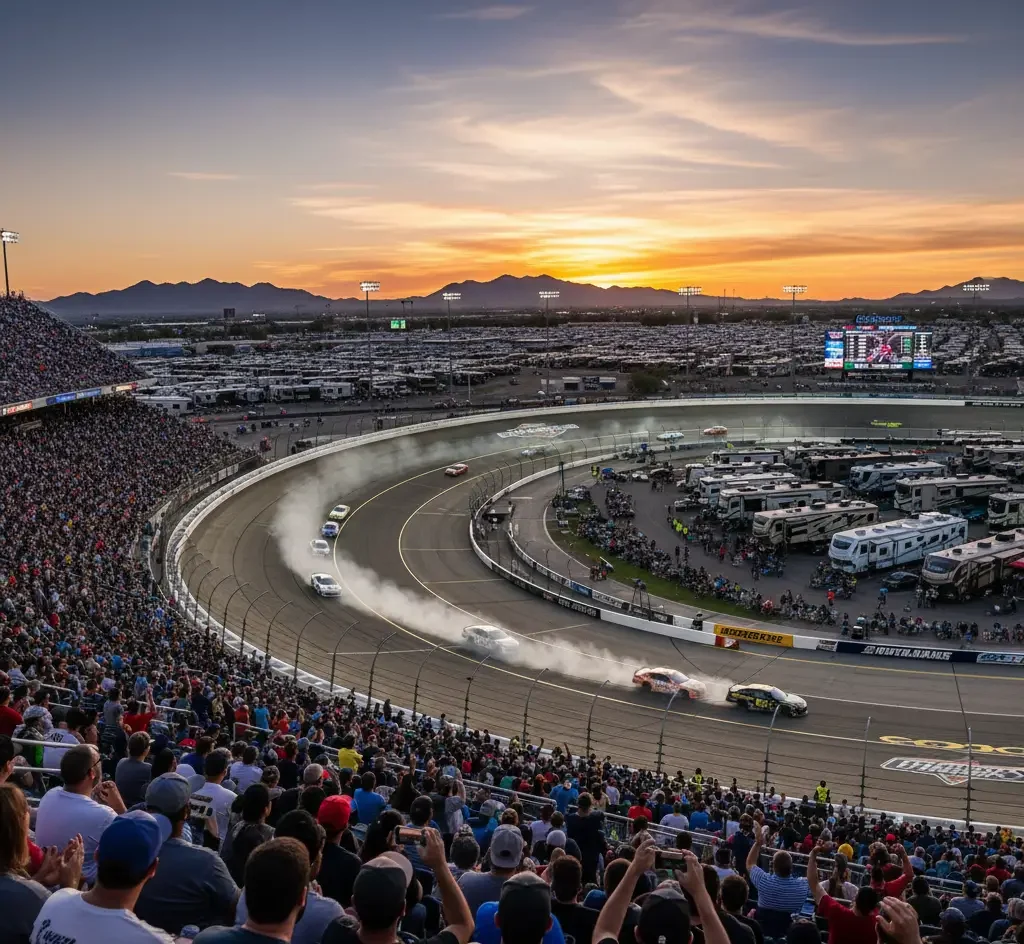 A large crowd watches a car race at sunset on an oval track, with cars speeding and kicking up smoke, surrounded by RVs and mountains in the background.