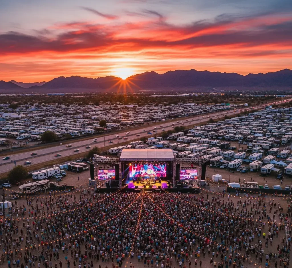 A large outdoor concert with a crowd in front of a brightly lit stage at sunset, surrounded by numerous RVs and mountains in the background.
