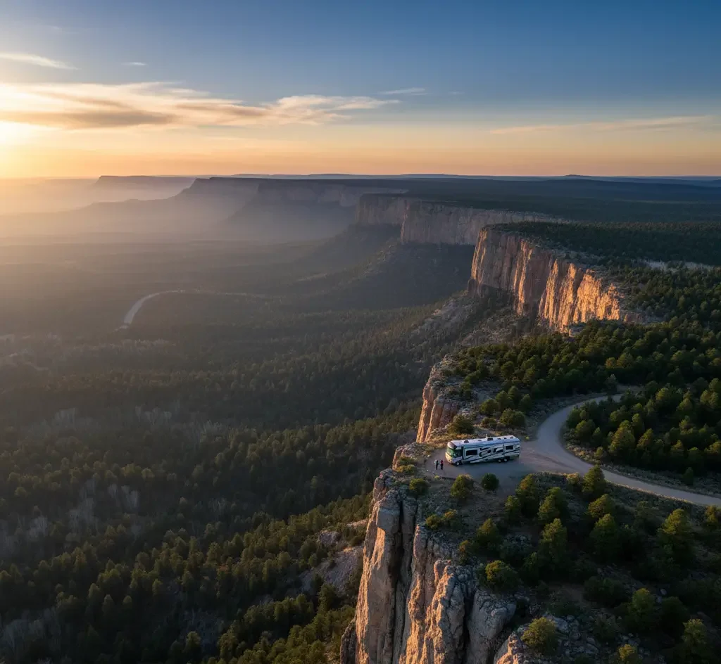 An RV is parked on a curved road at the edge of a cliff overlooking a vast canyon and forest during sunset.