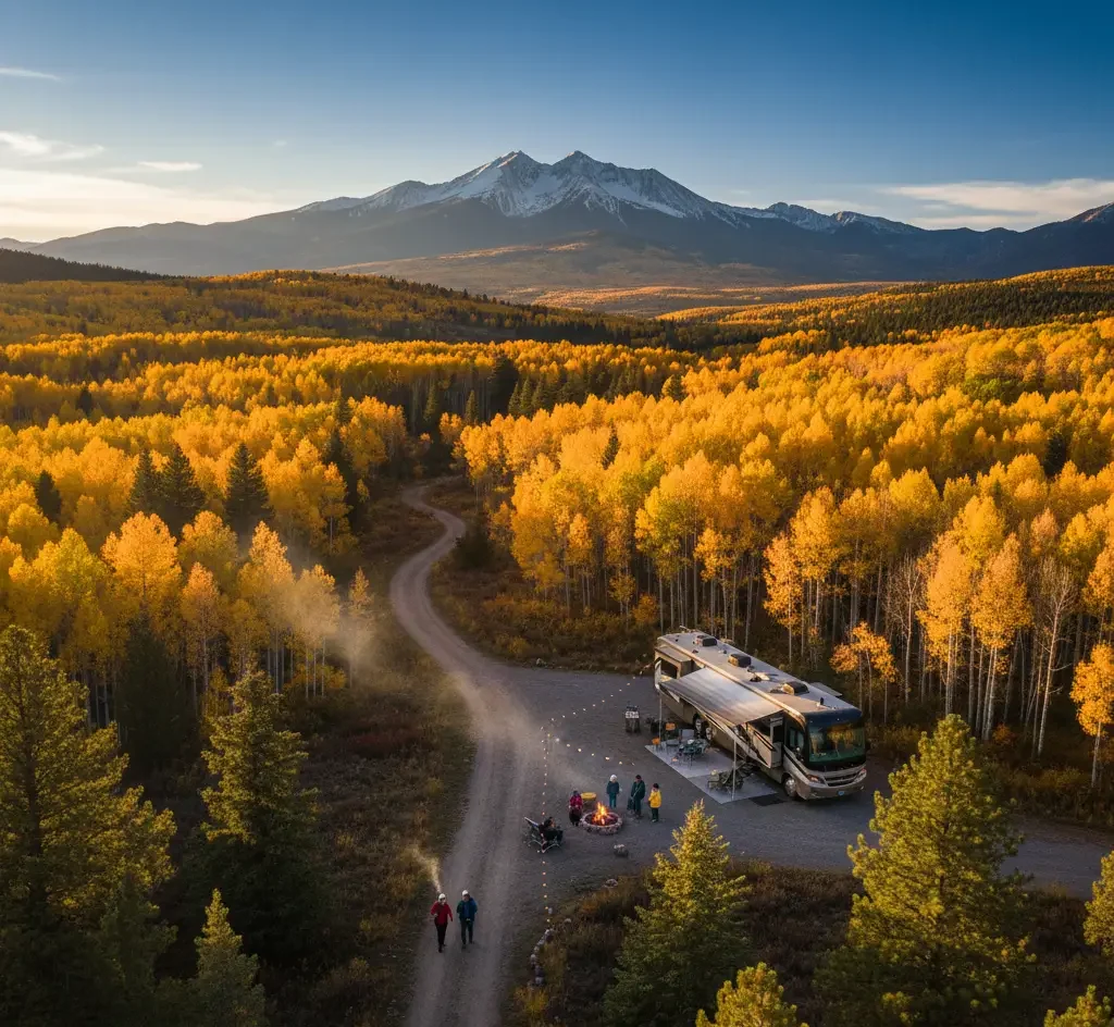 A motorhome is parked on a gravel road surrounded by autumn trees, with a group of people near a campfire and mountains in the background.
