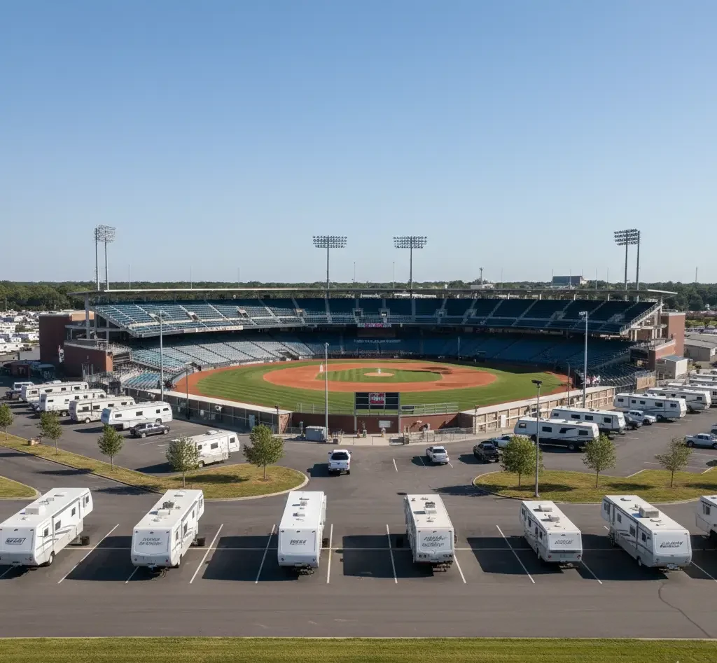A baseball stadium with an empty field and stands, surrounded by numerous parked RVs in the adjacent parking lot under a clear sky.