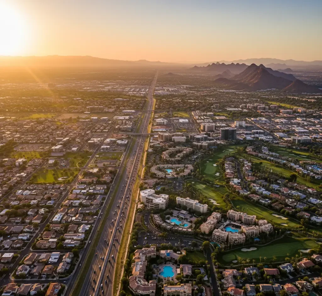 Aerial view of a city at sunset, showing a main highway, residential areas, green spaces, and mountains in the distance.