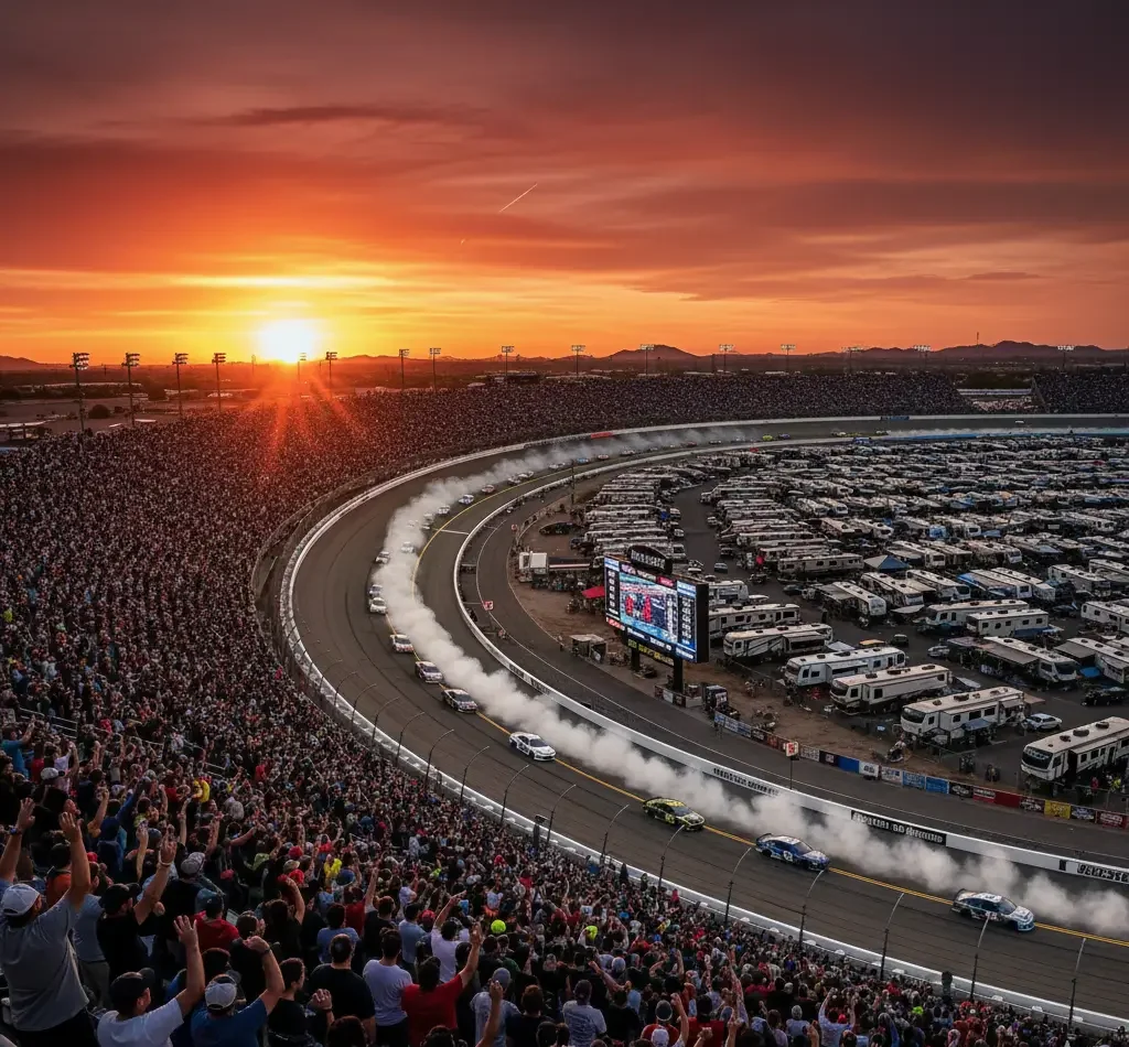 A crowded stadium watches race cars creating smoke on a curved track at sunset, with RVs parked in the infield and a digital scoreboard displaying race information.