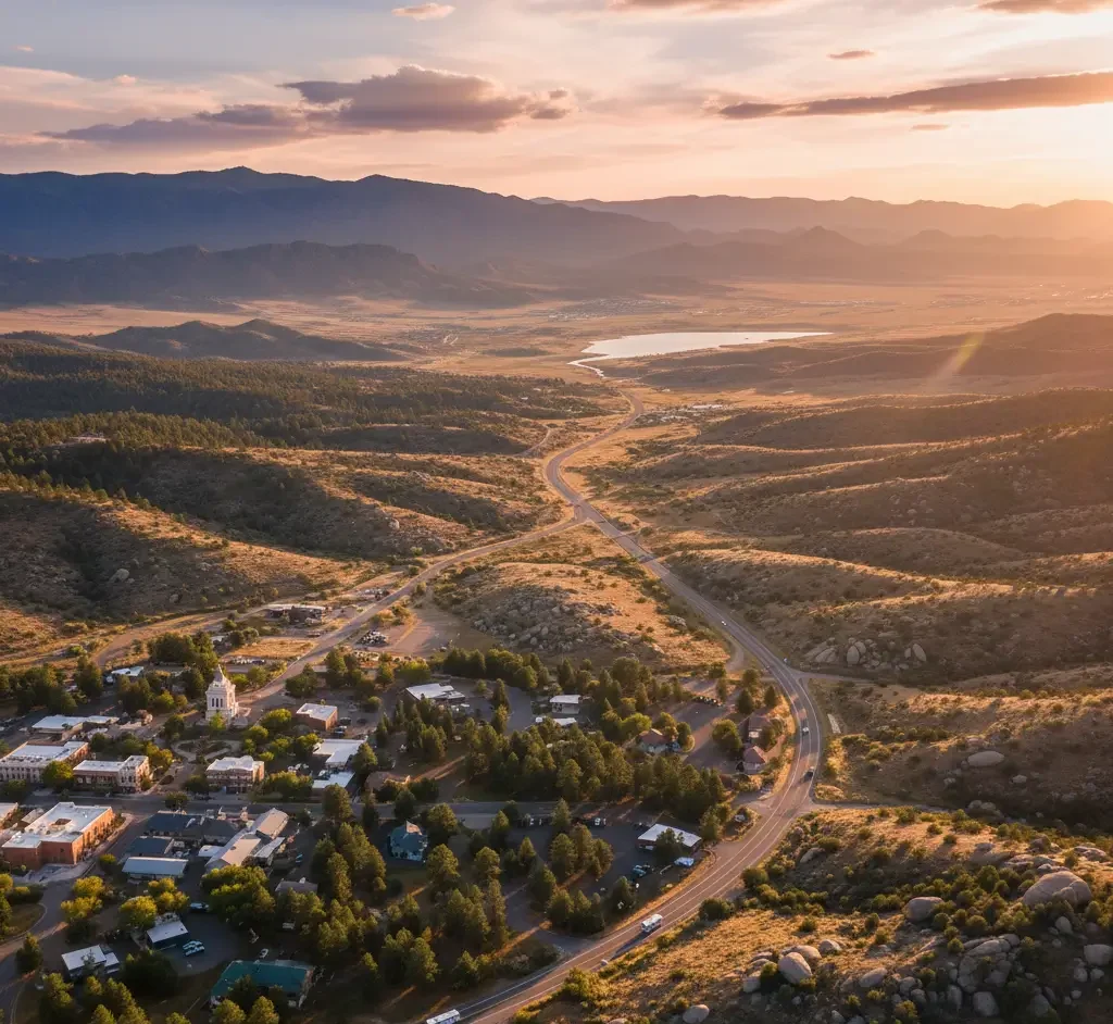 Aerial view of a small town with scattered buildings, winding roads, and surrounding hills at sunset, with mountains and a lake in the background.