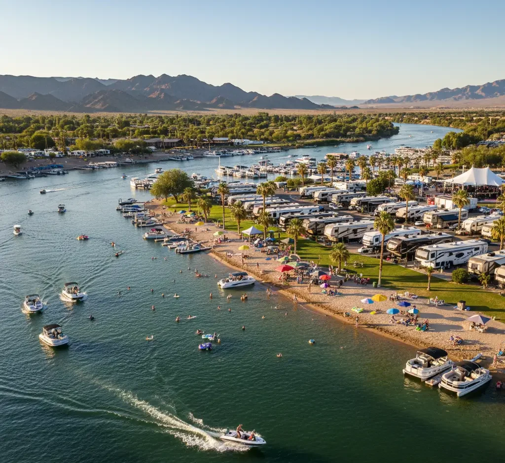 Aerial view of a crowded riverside RV park with boats on the water, people swimming, and mountains in the background on a sunny day.