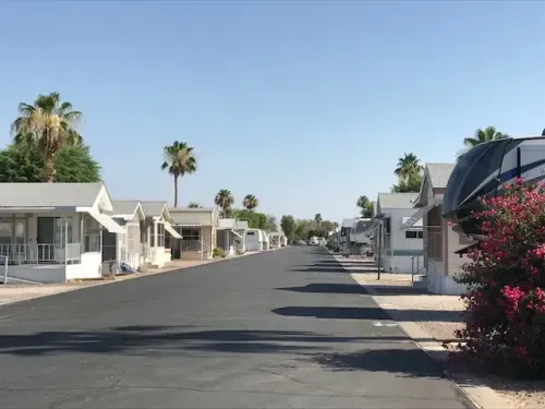 A paved street runs between rows of small, white mobile homes with palm trees and bushes lining the area under a clear blue sky.