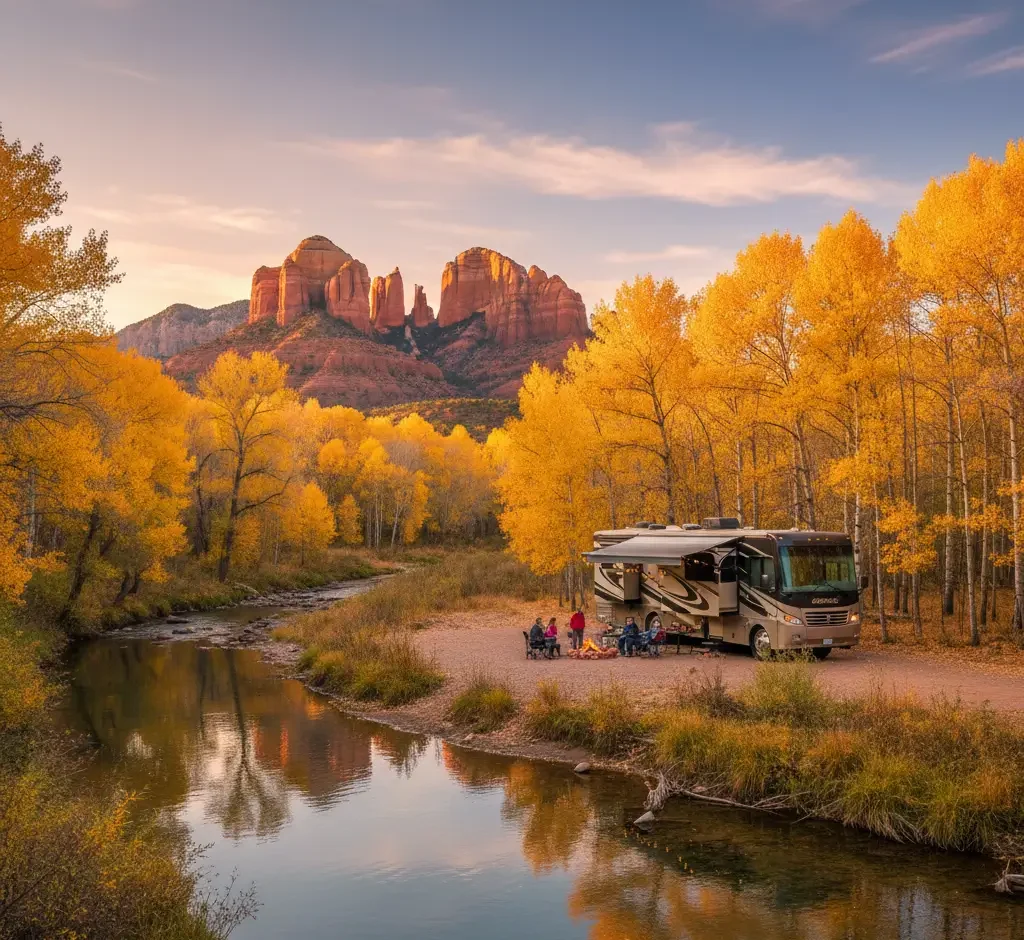 An RV is parked beside a river among yellow autumn trees, with several people sitting outside. Red rock formations rise in the background under a partly cloudy sky.