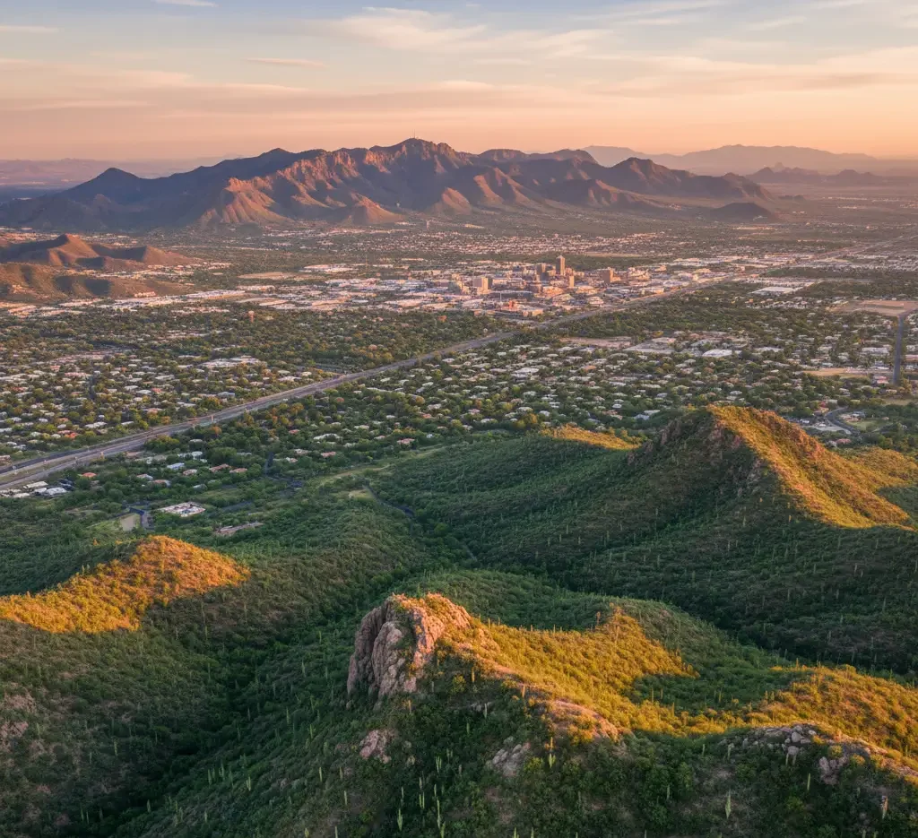 Aerial view of a city surrounded by desert and mountains at sunset, with green hills and scattered vegetation in the foreground.