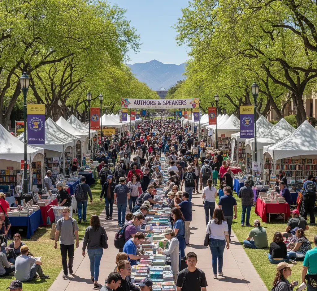 Outdoor book festival with rows of booths, many people walking and browsing books, trees lining the path, and a banner reading "Authors & Speakers" in the background.