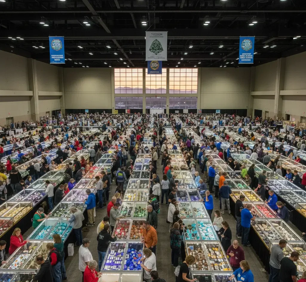 Large indoor gem and mineral show with numerous display tables and many attendees browsing and interacting under bright overhead lighting.