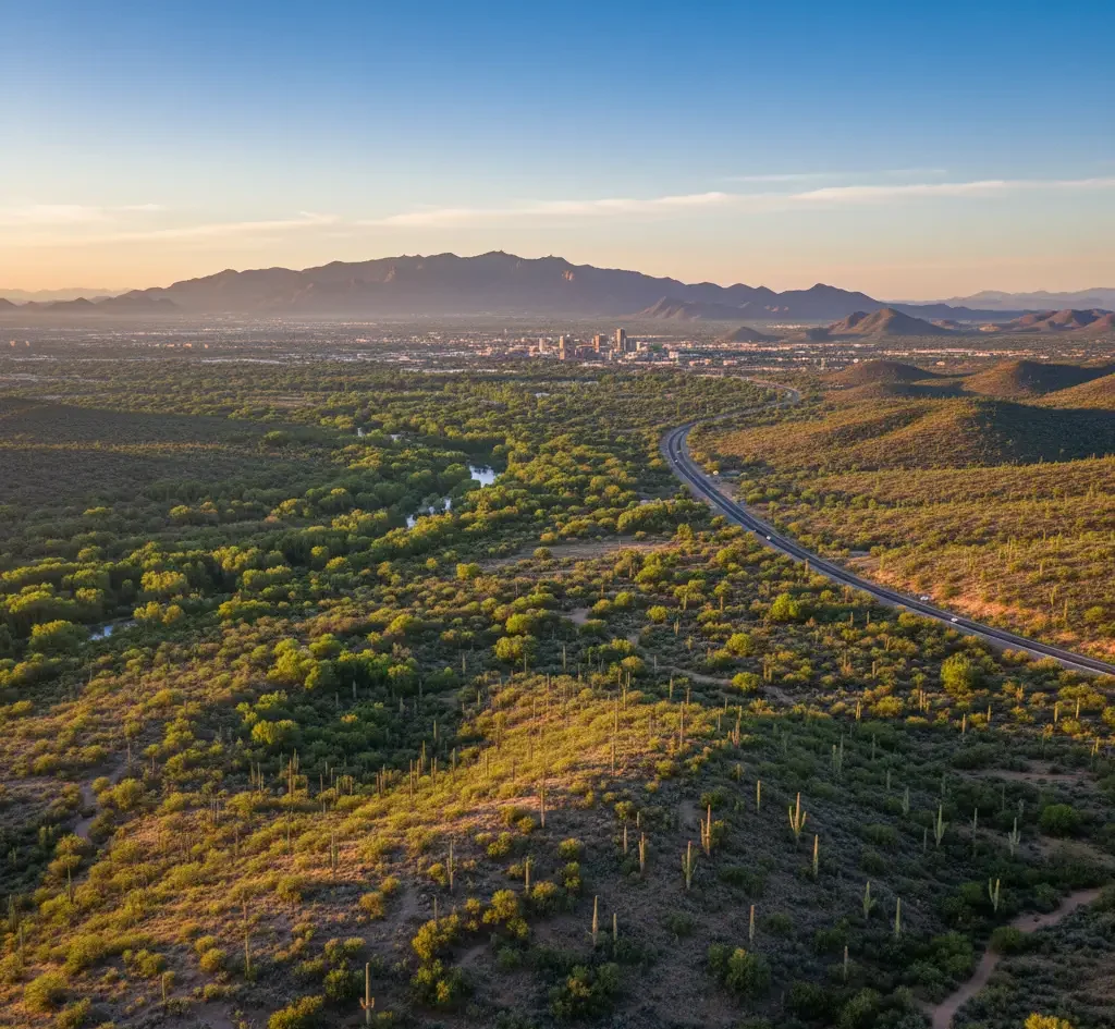 Aerial view of a desert landscape with scattered vegetation, a winding road, distant city buildings, and mountains in the background under a clear sky.