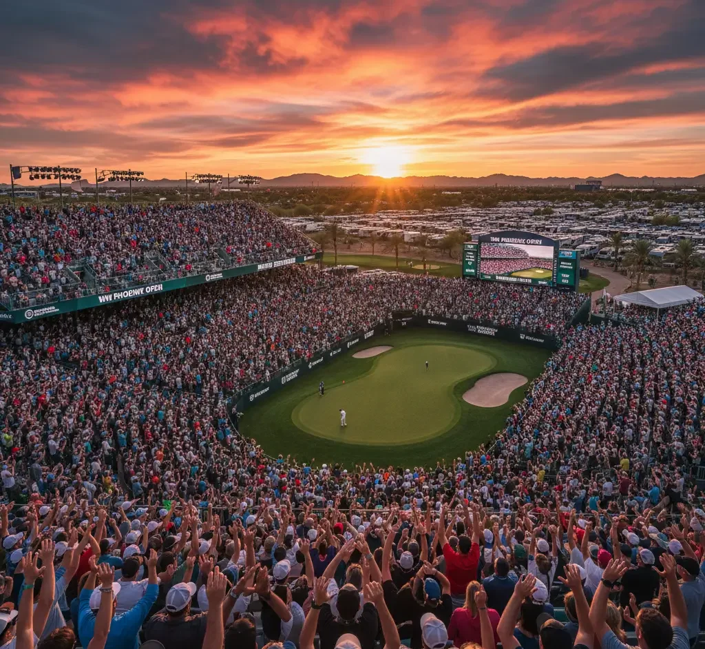A large crowd surrounds a golf green at sunset, watching players during a tournament, with grandstands and a parking lot visible in the background.
