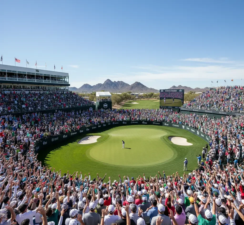 Large crowd surrounds a circular golf green at a tournament under a clear sky, with mountains in the background and a golfer on the green.