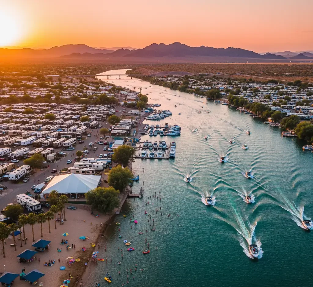 Aerial view of a river with boats, a crowded beach, and an RV park at sunset, with mountains visible in the background.