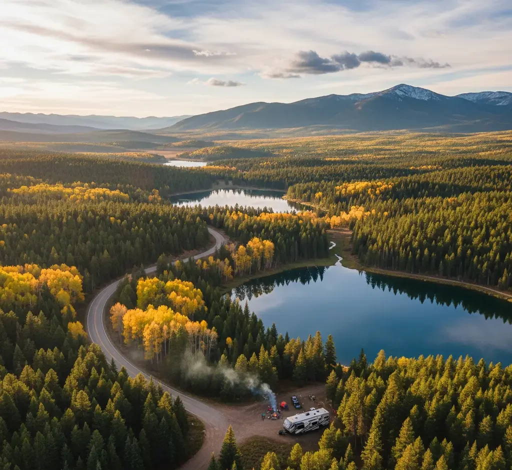 A winding road passes lakes and dense forest with autumn colors, mountains in the background, and an RV with a campfire near the water’s edge.