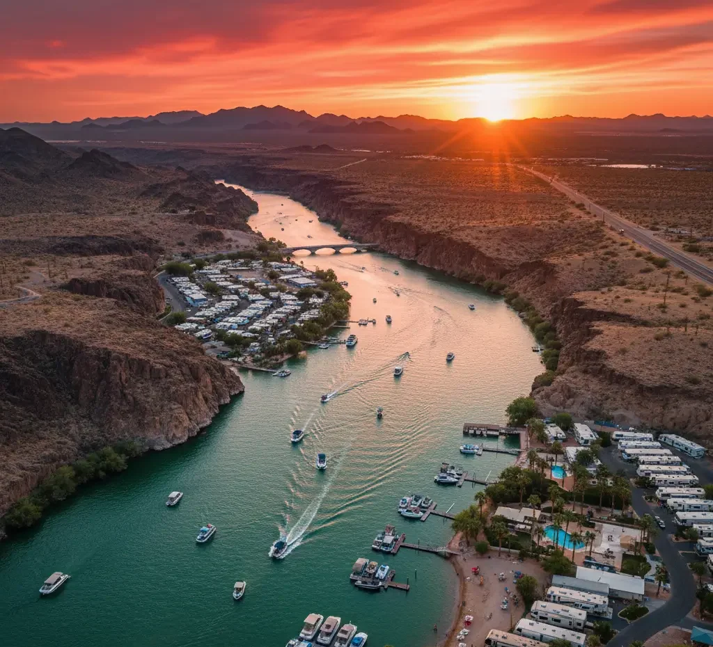 Aerial view of a river with boats, RV parks on both sides, and a bridge in the distance at sunset with mountains on the horizon.