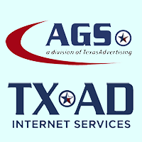 AGS and TXAD Internet Services logos, with AGS labeled as a division of Texas Advertising. Both logos use blue text and feature a star within a circle.