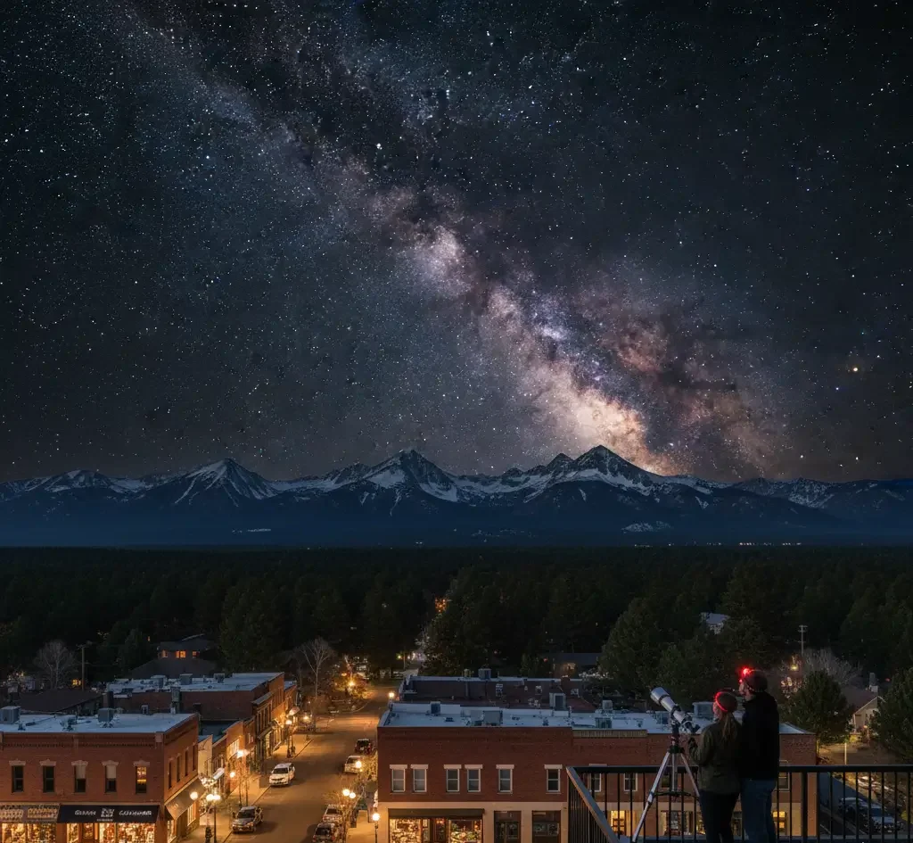 Two people observe the night sky with a telescope above a small town, with the Milky Way and mountain range visible in the background.