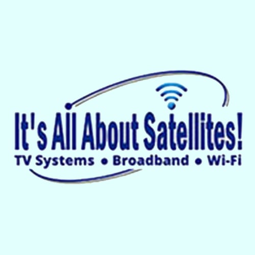 Logo with text: "It's All About Satellites! TV Systems • Broadband • Wi-Fi" and a Wi-Fi symbol above the words.