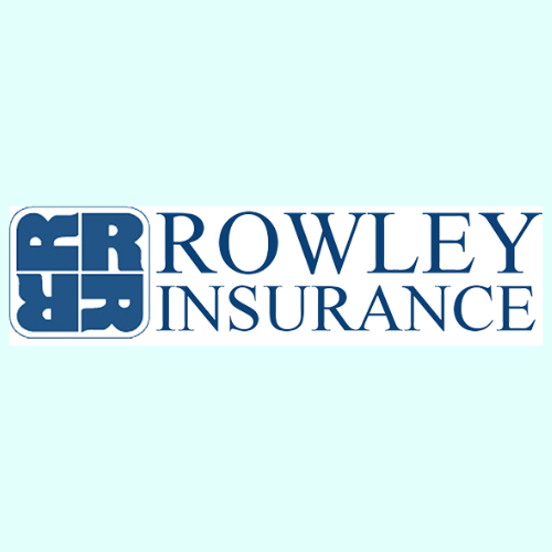 Rowley Insurance logo featuring four stylized blue "R" letters in a square on the left, with "Rowley Insurance" written in blue text to the right.