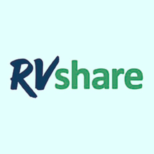 RVshare logo with "RV" in dark blue lettering and "share" in green lettering on a light blue background.