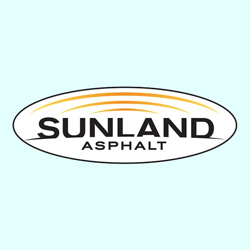 Sunland Asphalt logo featuring the company name in black text with yellow curved lines above, all inside an oval shape on a light blue background.