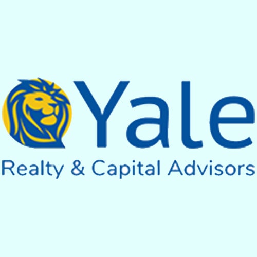 Logo for Yale Realty & Capital Advisors featuring a stylized yellow and blue lion head to the left of the company name on a light blue background.