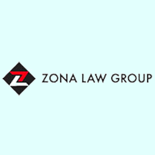 Zona Law Group logo with a black diamond shape containing a stylized red and white "Z" next to the text "ZONA LAW GROUP" on a light blue background.