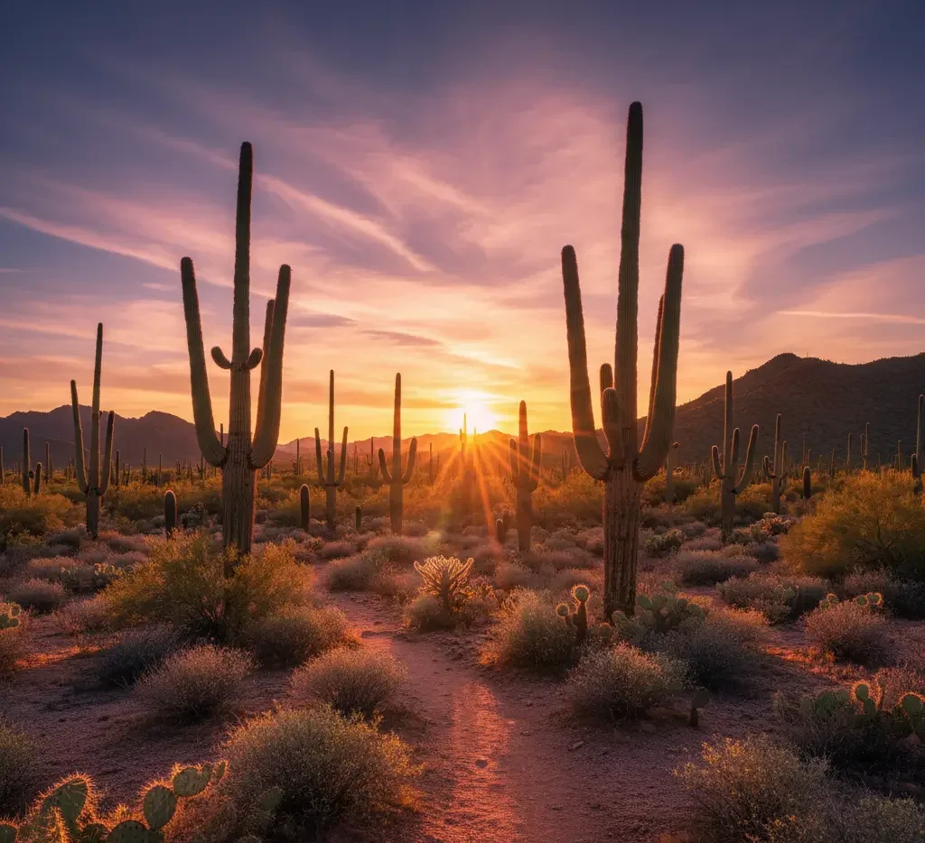 Sunset over a desert landscape with tall saguaro cacti, scattered shrubs, and mountains in the background under a partly cloudy sky.