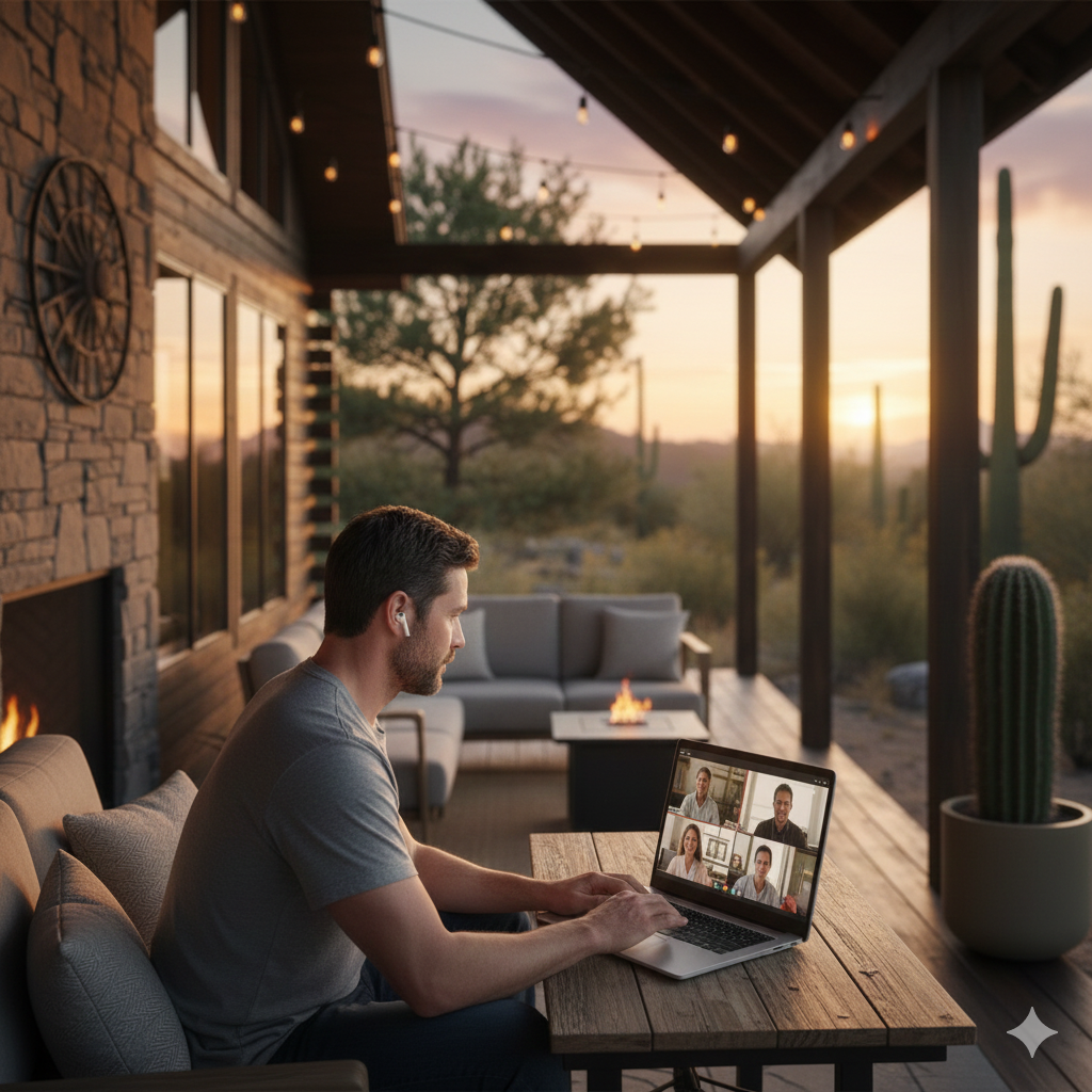 A man sits on a patio at sunset, using a laptop for a video call with several people, surrounded by desert scenery and patio furniture.