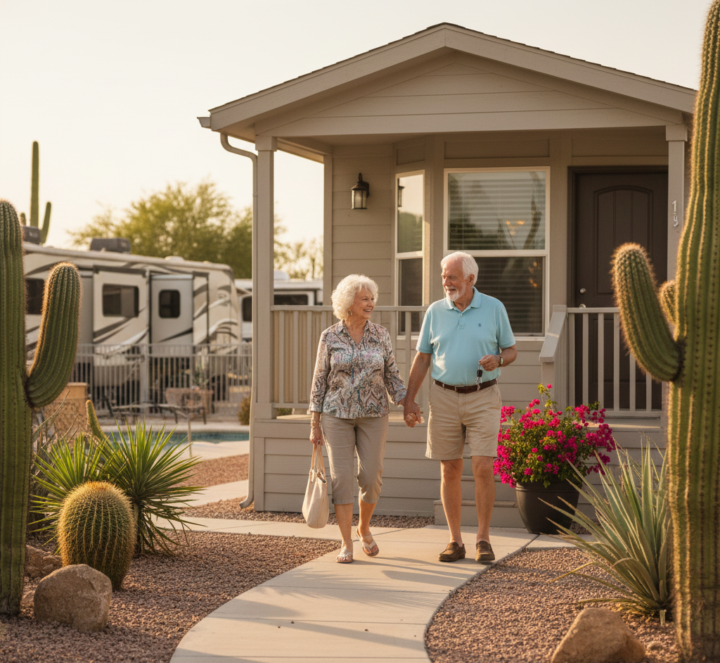 An elderly couple walks hand in hand on a path outside a small house in a desert setting with cacti and RVs in the background.