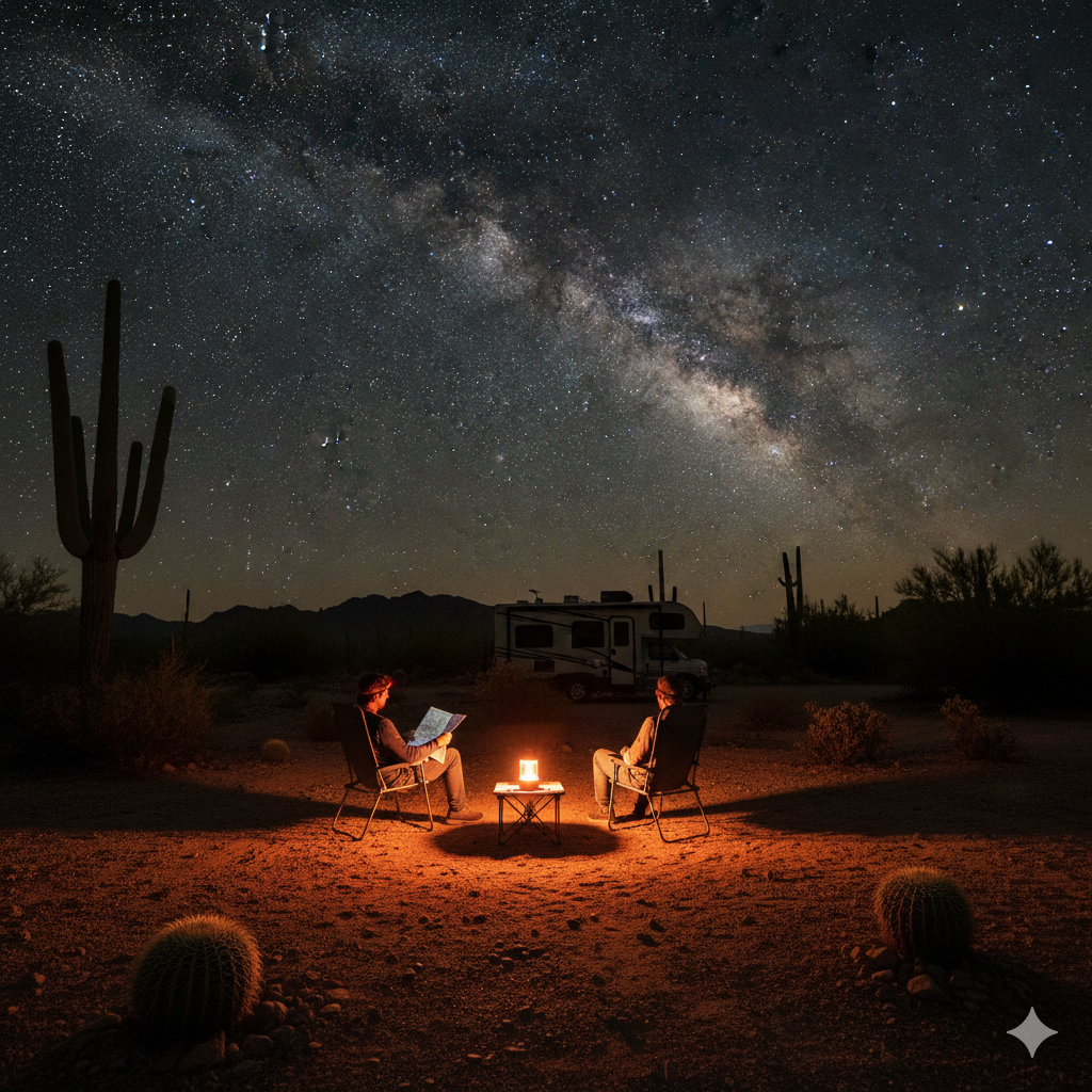 Two people sit around a campfire near an RV in a desert at night, with cacti nearby and the starry sky and Milky Way visible overhead.