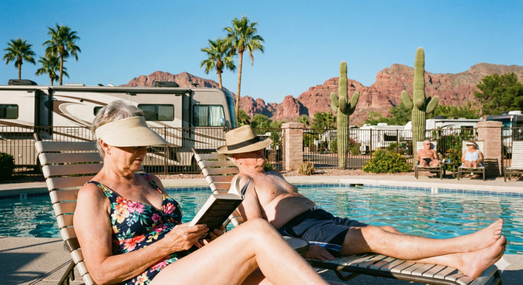 Two older adults relax on lounge chairs by a pool, with an RV, palm trees, cacti, and red rock mountains in the background under a clear blue sky.