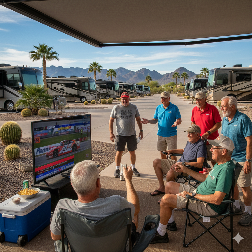 A group of older men sit and stand under an awning at an RV park, watching a car race on a TV placed outside. Desert scenery and RVs are visible in the background.