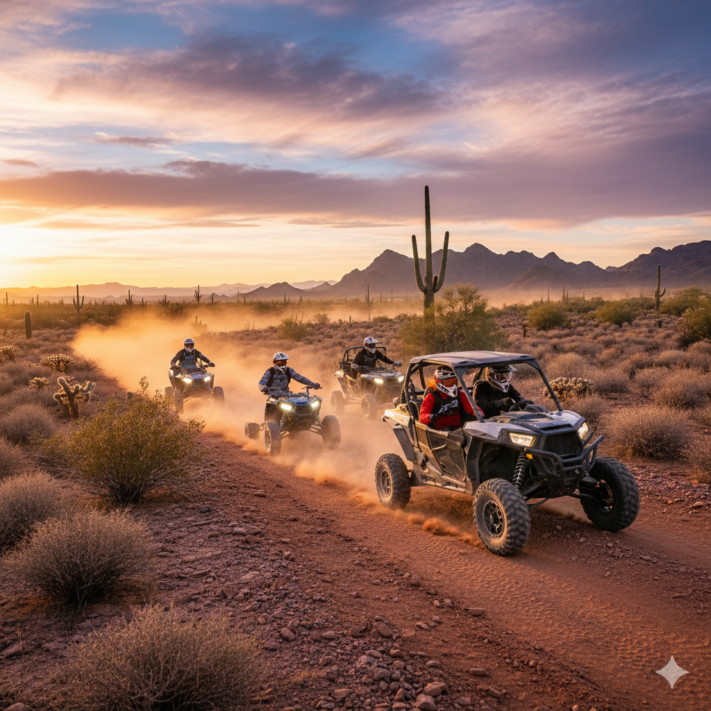 Four off-road vehicles drive on a dirt trail through a desert landscape at sunset, with mountains and cacti in the background.