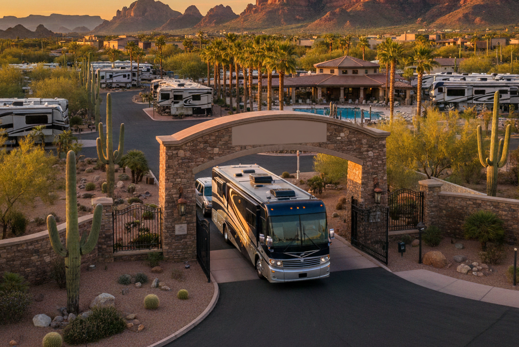 A large motorhome drives through the entrance arch of a desert RV resort, surrounded by palm trees, cacti, and other RVs, with mountains visible in the background.