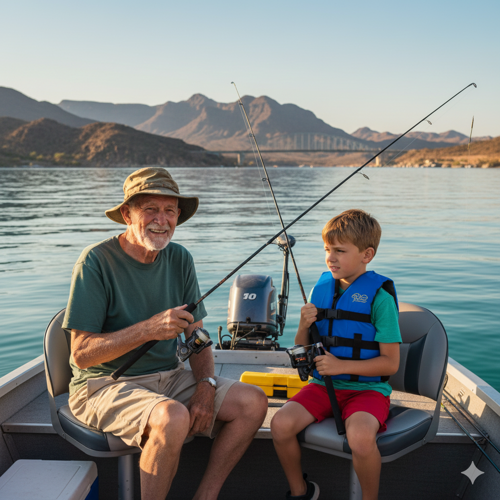 An older man and a young boy fish together from a boat on a lake, surrounded by mountains under a clear sky.