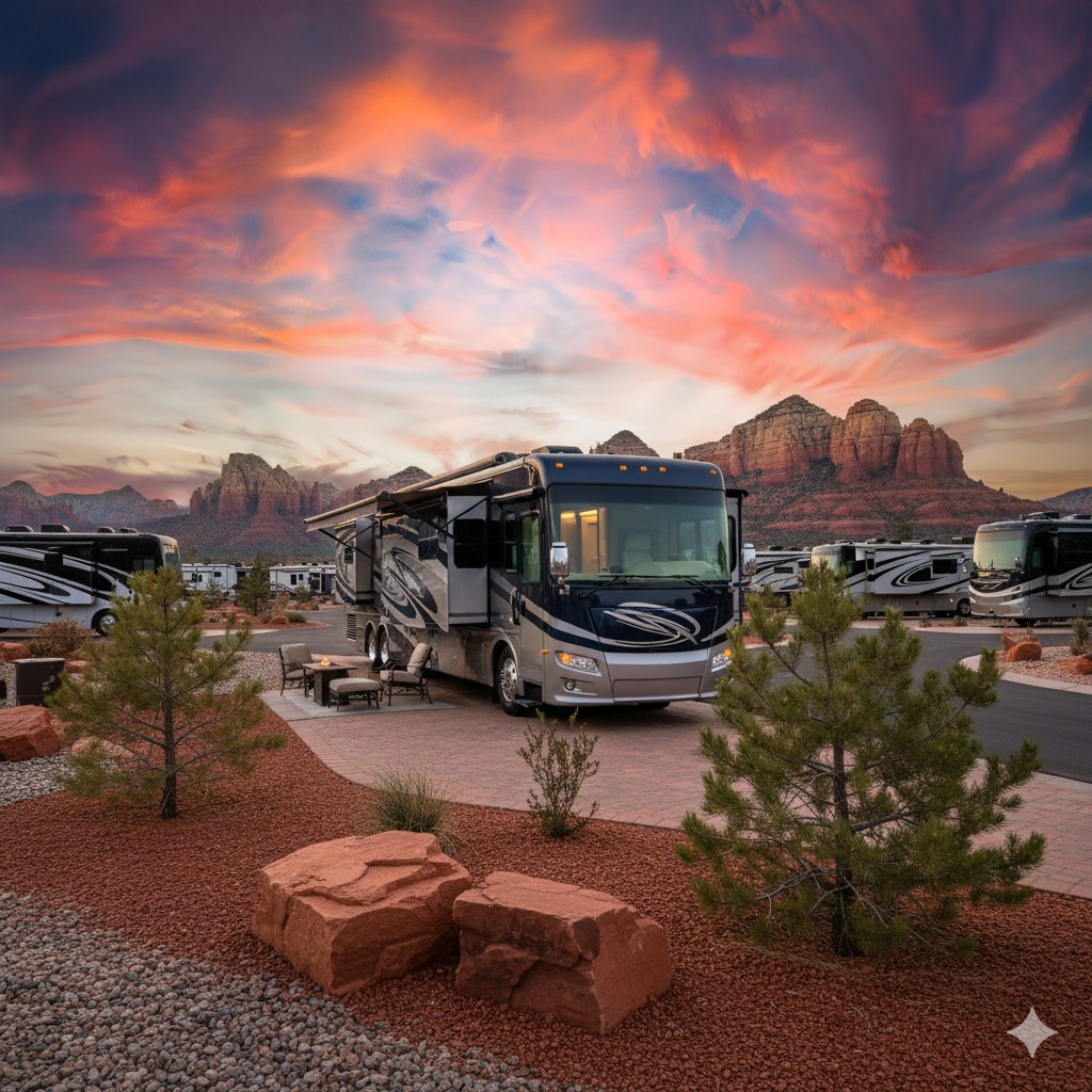 A modern RV is parked at a campsite with red rock formations and other RVs in the background under a colorful sunset sky.