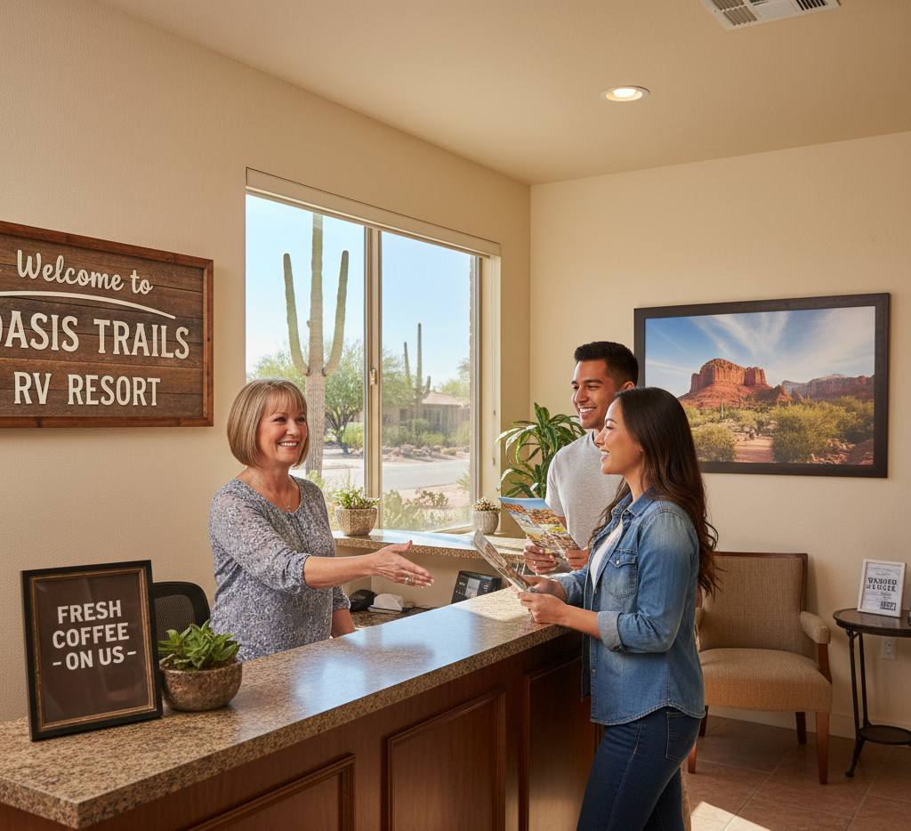 A woman at an RV resort reception desk greets a smiling couple holding brochures, with desert scenery visible through the window.