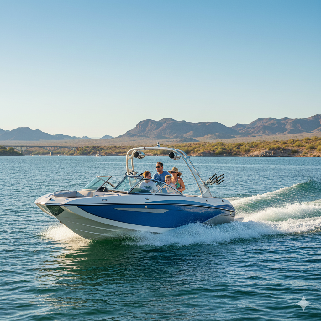A blue and white motorboat with three people onboard speeds across a lake, with mountains and a bridge visible in the background under a clear sky.