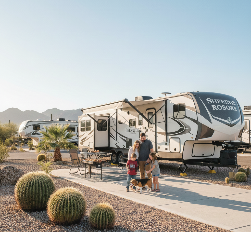 A family with two children and a dog stands outside a large RV parked at a desert campground, surrounded by cacti and palm trees.