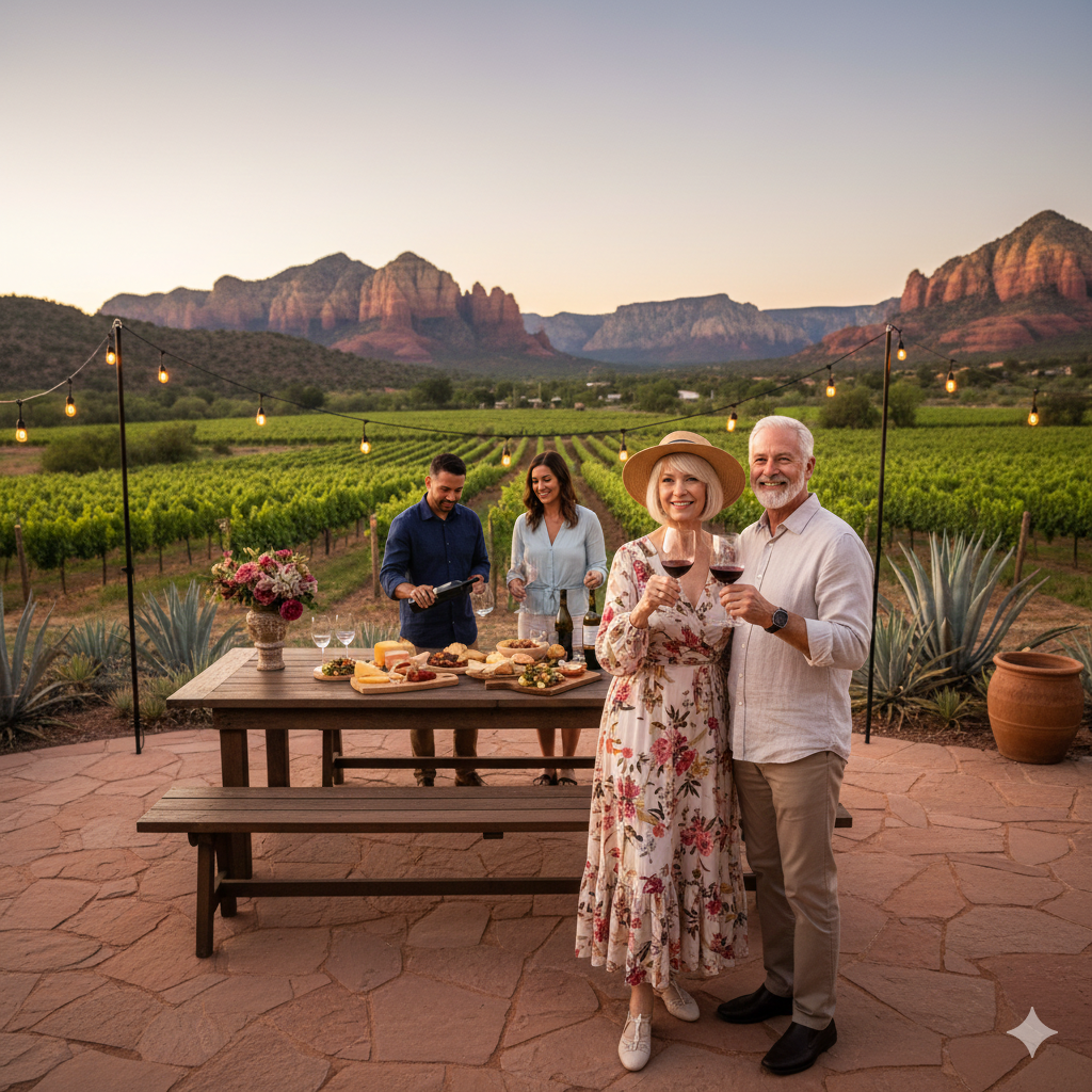 Four adults enjoy food and wine outdoors at a wooden table in a vineyard, with mountains in the background at sunset.