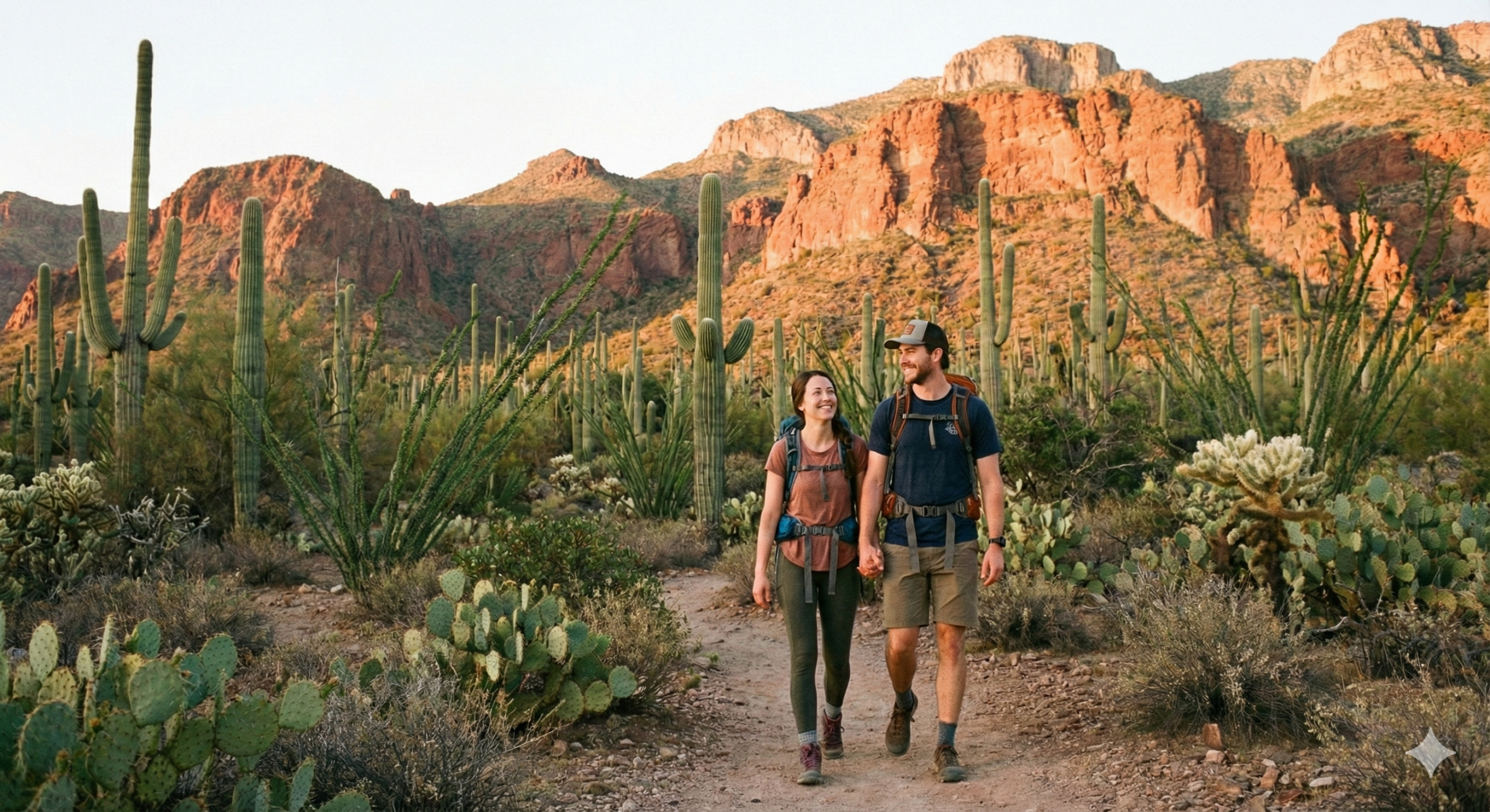 A man and woman wearing hiking gear walk on a desert trail surrounded by cacti, with red rocky hills in the background.