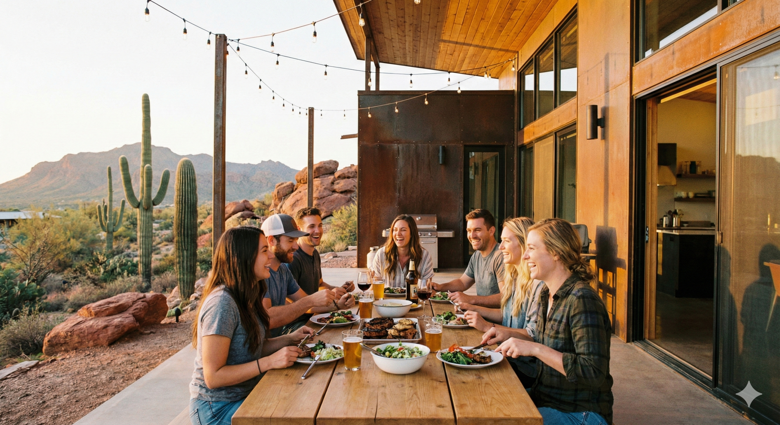 A group of people sit at a wooden outdoor table sharing a meal and drinks on a patio with desert scenery and cacti in the background.
