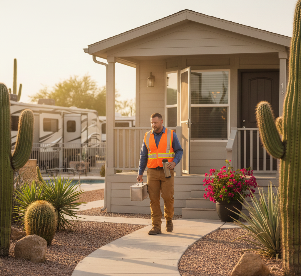 A man wearing a safety vest and carrying tools walks on a path outside a small beige house in a desert setting with cacti and gravel landscaping.