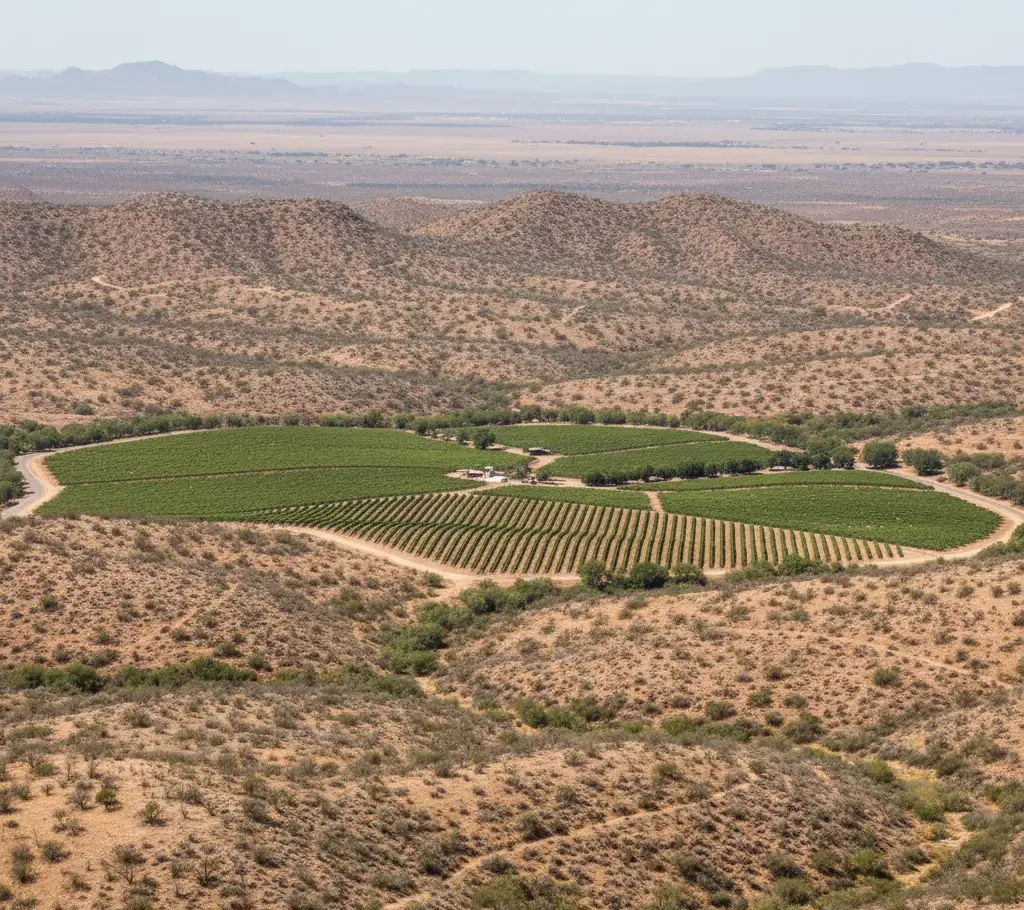 A green, cultivated field with rows of crops stands out amid a dry, brown desert landscape with distant hills in the background.